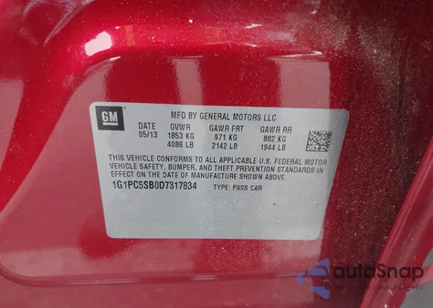 2013 Chevrolet Cruze 1Lt Auto from USA, damaged, VIN 1G1PC5SB0D7317834